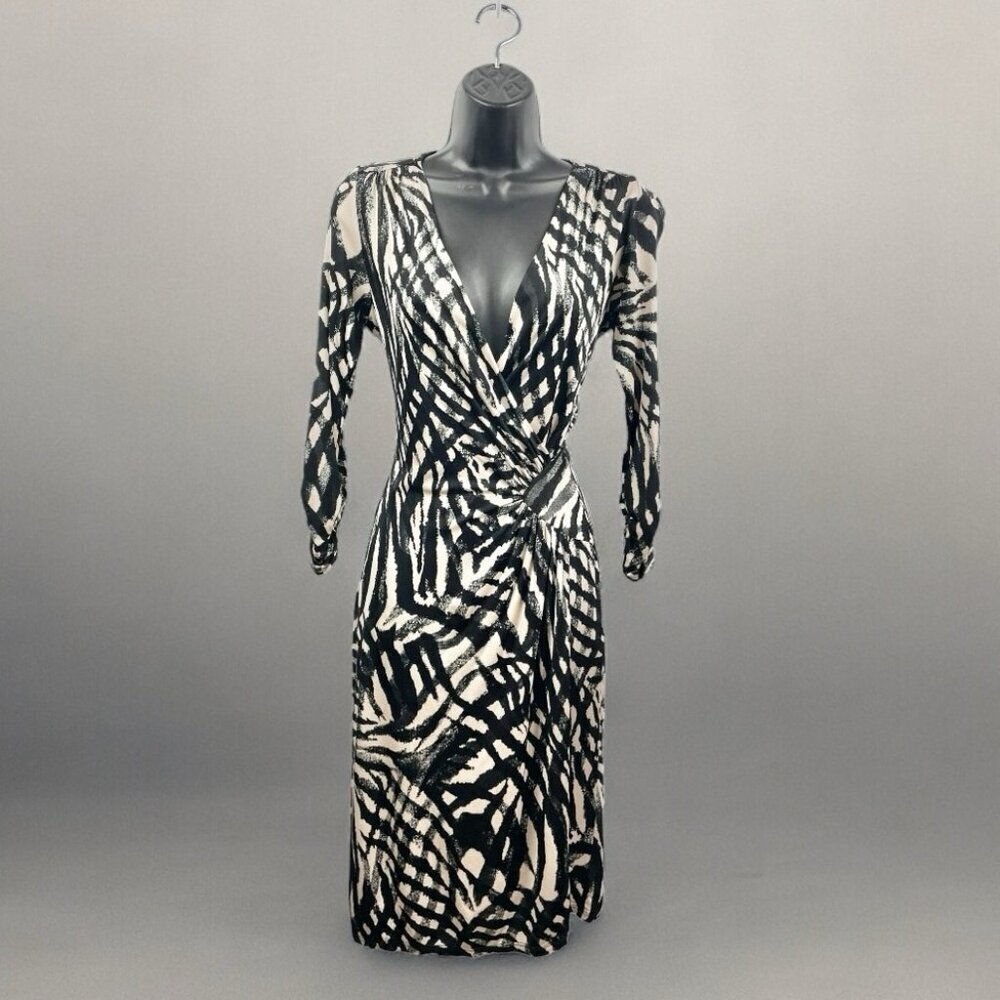 GHOST Black and Cream Printed Wrap Front Long Sleeve Dress Size 4